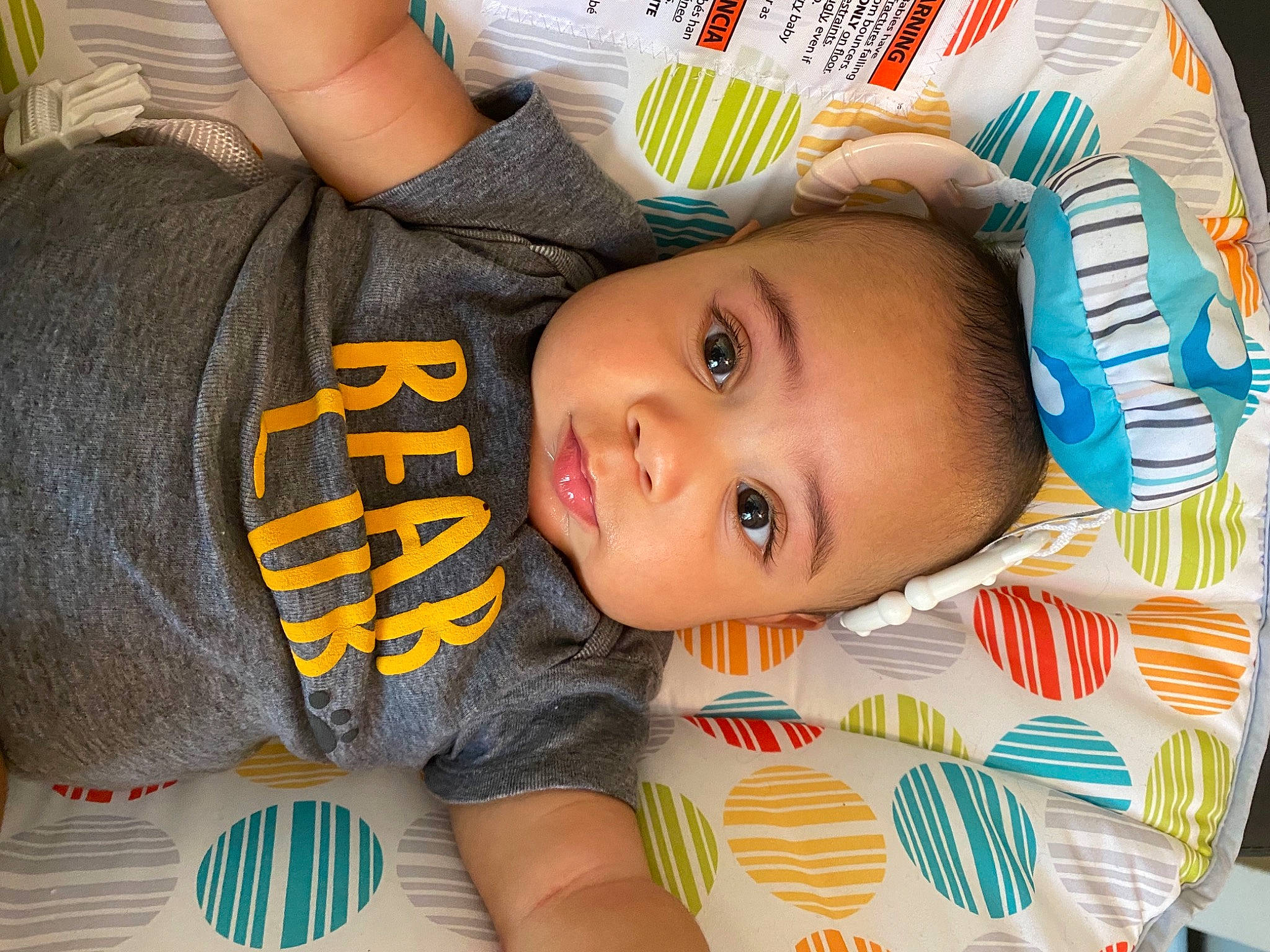 Diego joined the competition — help win amazing prizes! baby, baby_products, baby_toddler_clothing, ball, cheek, child, clothing, eye, green, happy, iris, nose, pattern, person, product, room, skin, t_shirt, toddler, white