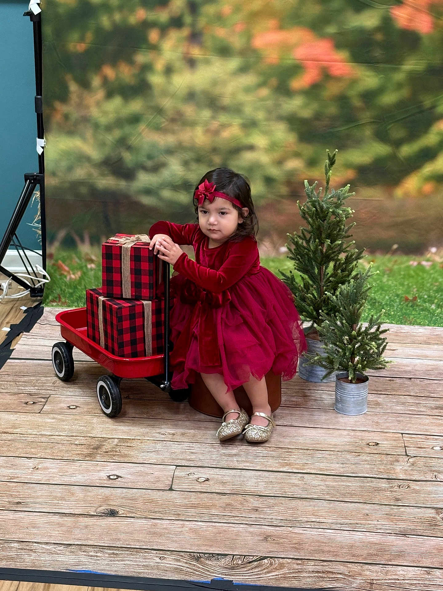 Aria is registered to the contest to win money with this photo: child, girl, red_dress, headband, wagon, gift_boxes, christmas_trees, holiday, festive, indoor, studio, wooden_floor, potted_plants, decorations, portrait, seasonal, present, flooring, plaid, shoes
