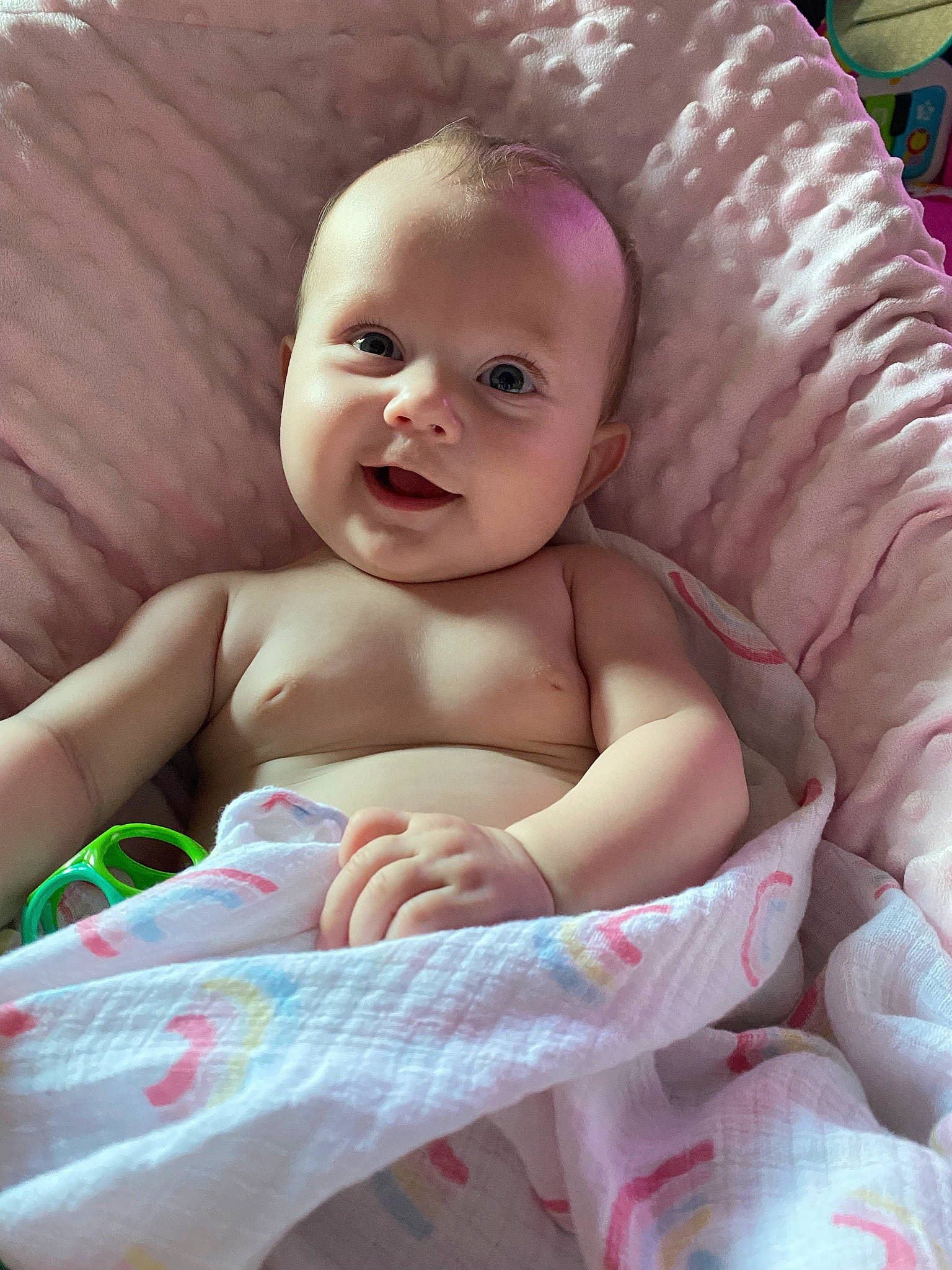 Amelia joined the competition — help win amazing prizes! baby, baby_products, baby_toddler_clothing, cheek, child, comfort, facial_expression, fun, grass, happy, iris, linens, person, pink, portrait_photography, product, sitting, skin, smile, textile