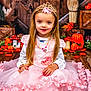 child, girl, princess, dress, pink, tiara, long_hair, sitting, floor, wooden_floor, autumn, pumpkins, fall_leaves, decorations, necklace, bracelet, smile, portrait, indoor, cute