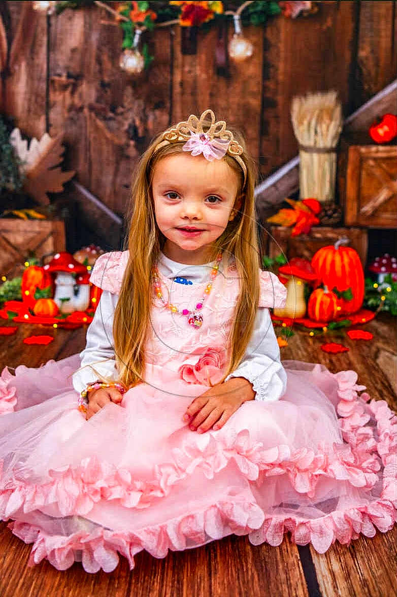 Kélya participe au concours pour gagner de l'argent avec cette photo : child, girl, princess, dress, pink, tiara, long_hair, sitting, floor, wooden_floor, autumn, pumpkins, fall_leaves, decorations, necklace, bracelet, smile, portrait, indoor, cute