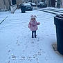 Kélya participe au concours pour gagner de l'argent avec cette photo : child, snow, winter_clothing, street, footprints, car, urban, cold_weather, hat, jacket, gloves, boots, sidewalk, building, tree, potted_plant, daytime, outdoor, curious, alone