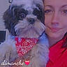 dog, woman, pet, red_bandana, portrait, indoor, face, cute, fluffy, companion, smile, holding, closeup, friendship, animal, love, casual, happy, cozy, text_overlay