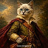 Bueno participe au concours pour gagner de l'argent avec cette photo : animal_portrait, artistic, belt, blue_eyes, cape, cat, clouds, costume, detailed, dramatic_lighting, feline, fur, historical_clothing, landscape_background, noble, portrait, regal, trees, vintage_style, weapon