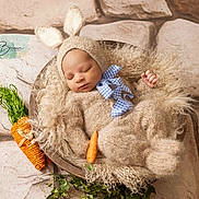 Giovanni joined the competition — help win amazing prizes! baby, newborn, sleeping, portrait, bunny_hat, knitwear, bow_tie, carrots, basket, furry_blanket, curly_texture, rustic_background, stone_floor, cozy, infant, peaceful, still_life, themed_photography, winter_clothing, cute