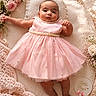 adorable, baby, blanket, child, closeup, cozy, cute, decorative_bow, flowers, gentle_lighting, head_support, infant, innocence, lying_down, nursery, pearls, pink_dress, portrait, soft_texture, toddler