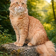 Ares a rejoint le concours — aidez-le/la à gagner de superbes lots ! bokeh, cat, fluffy_tail, fur, ginger_cat, golden_eyes, greenery, long_hair, mossy_stone, nature, outdoor, paws, perched, pointed_ears, portrait, rock, sitting, sunlit, tree, whiskers