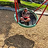 child, playground, swing, basket_swing, outdoor, park, sitting, sunlight, tree, grass, wood_chips, red_ropes, baseball_cap, patterned_shirt, shorts, shoes, smiling, portrait, recreation, neighborhood