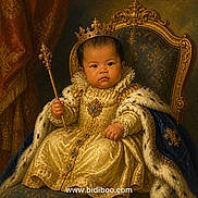 Serenity is registered to the contest to win money with this photo: baby, child, portrait, crown, royal, throne, scepter, costume, gold, ornate, formalwear, cape, jewelry, indoor, seated, face, serious, fantasy, historical_style, watermark