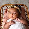 baby, infant, child, portrait, floral_crown, wicker_bassinet, pink_cushion, white_dress, lying_down, looking_sideways, alert, calm, indoor, vintage, floral_background, soft_lighting, close_up, nursery, bedding, photography