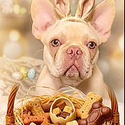 C.j joined the competition — help win amazing prizes! dog, french_bulldog, bunny_ears, basket, dog_treats, bone_shaped_treats, cute, pet, animal, portrait, indoor, easter_theme, soft_lighting, brown, cream, closeup, pet_accessory, holiday, adorable, still_life