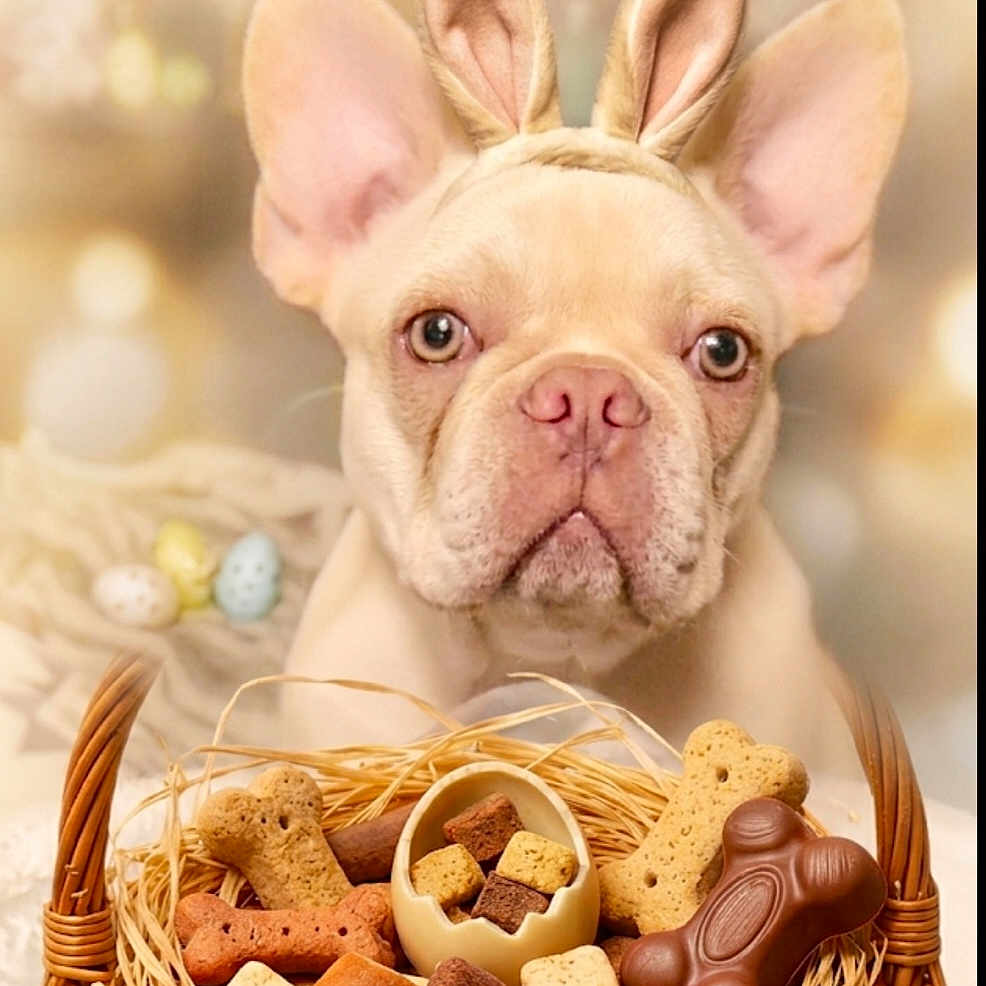 C.j joined the competition — help win amazing prizes! dog, french_bulldog, bunny_ears, basket, dog_treats, bone_shaped_treats, cute, pet, animal, portrait, indoor, easter_theme, soft_lighting, brown, cream, closeup, pet_accessory, holiday, adorable, still_life