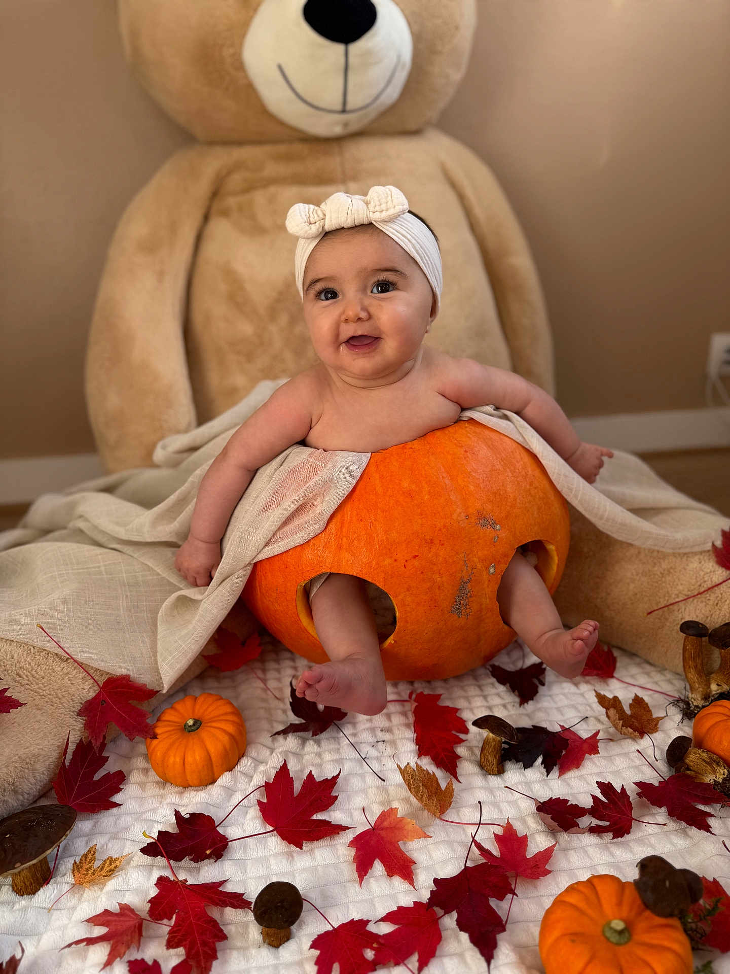 Layana a rejoint le concours — aidez-le/la à gagner de superbes lots ! baby, pumpkin, headband, teddy_bear, blanket, autumn_leaves, small_pumpkins, mushrooms, indoor, cute, smiling, child, fall, decor, cozy, sitting, soft_toy, orange, white_blanket, playful