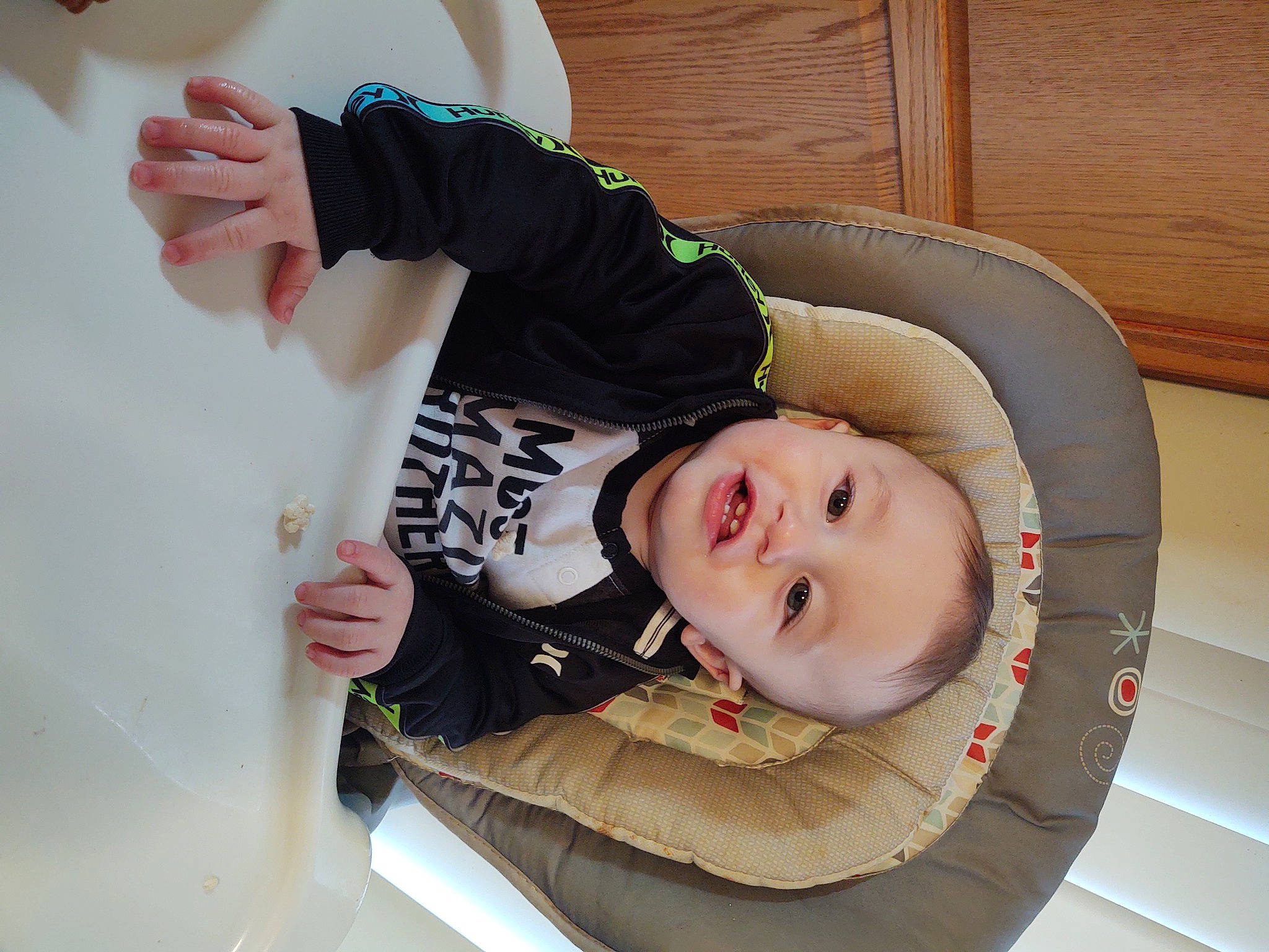 Maddox joined the competition — help win amazing prizes! arm, baby, baby_toddler_clothing, child, comfort, fun, gesture, hand, happy, nail, person, plant, sitting, sleeve, smile, suit, toddler, tree, window, wood