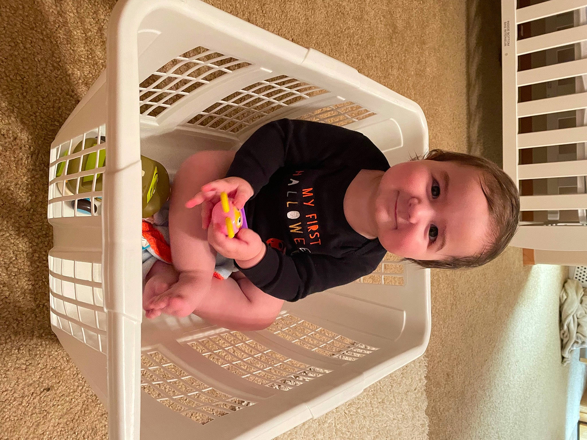 Ellis is registered to the contest to win money with this photo: advertising, baby, baby_products, baby_safety, baby_toddler_clothing, child, comfort, flooring, font, hat, joy, person, room, smile, t_shirt, toddler, wood