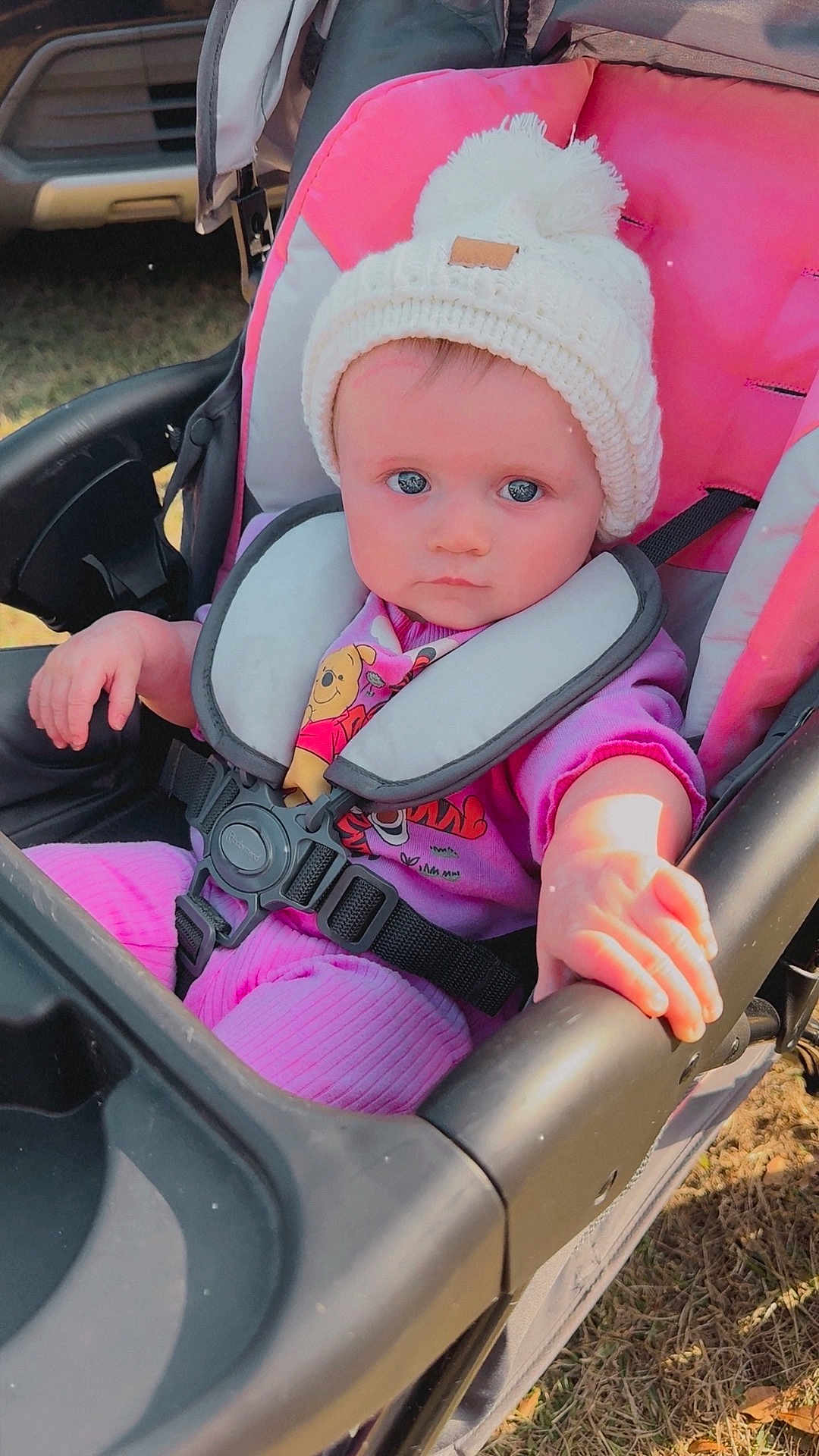 Charlotte is registered to the contest to win money with this photo: baby, child, stroller, hat, knit_hat, pink_clothing, outdoor, grass, seatbelt, hand, face, blue_eyes, person, infant, winter_clothing, cute, toddler, sunlight, daytime, portrait