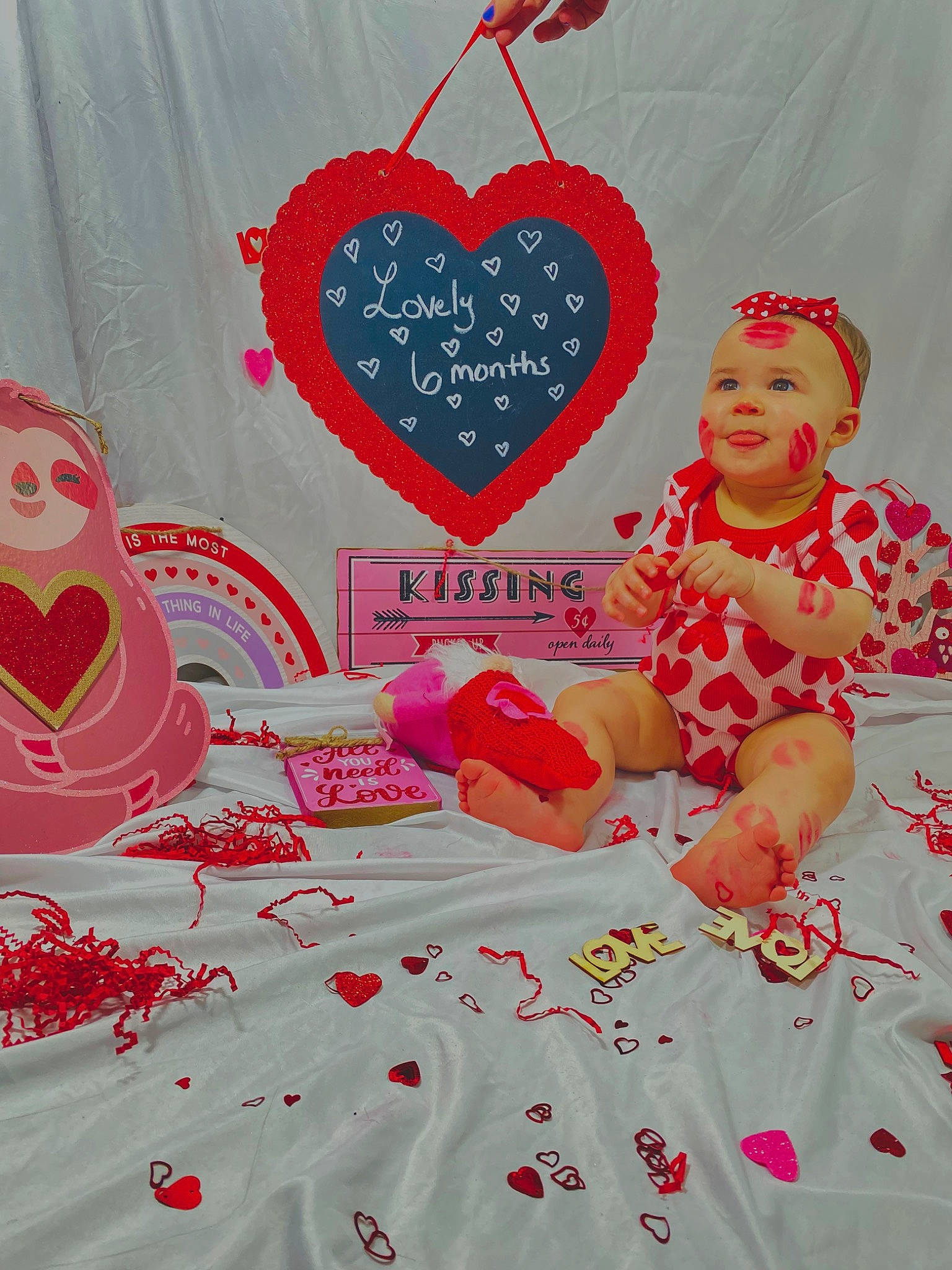 Amerie Rose is registered to the contest to win money with this photo: baby_toddler_clothing, bedding, carmine, decoration, event, font, happy, headwear, heart, holiday, linens, love, magenta, pattern, peach, person, picture_frame, pink, red, room
