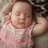 baby, sleeping, pink_dress, cherry_embroidery, arm, blanket, leopard_print, face, infant, closeup, resting, soft_surface, cute, child, peaceful, portrait, skin, head, indoors, relaxing