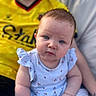 Elsie-Mae joined the competition — help win amazing prizes! baby, child, person, blue_eyes, curly_hair, striped_clothing, sitting, blanket, soft_texture, adult, yellow_jersey, indoor, portrait, cute, closeup, expression, skin, hand, face, casual