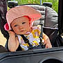 baby, child, stroller, hat, sunhat, outdoor, greenery, sunlight, summer, sunflower_dress, seatbelt, cute, infant, person, portrait, expression, hand, nature, daylight, relaxing