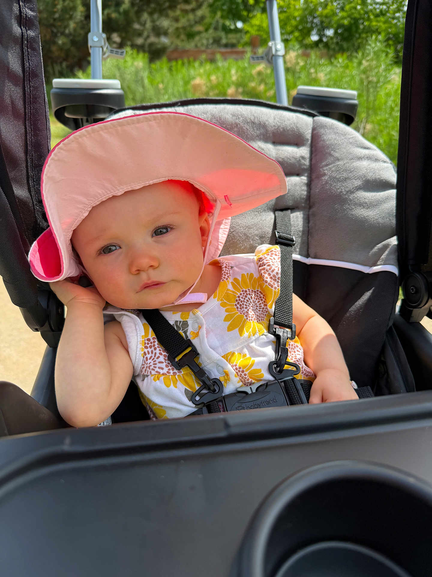 Addison joined the competition — help win amazing prizes! baby, child, stroller, hat, sunhat, outdoor, greenery, sunlight, summer, sunflower_dress, seatbelt, cute, infant, person, portrait, expression, hand, nature, daylight, relaxing