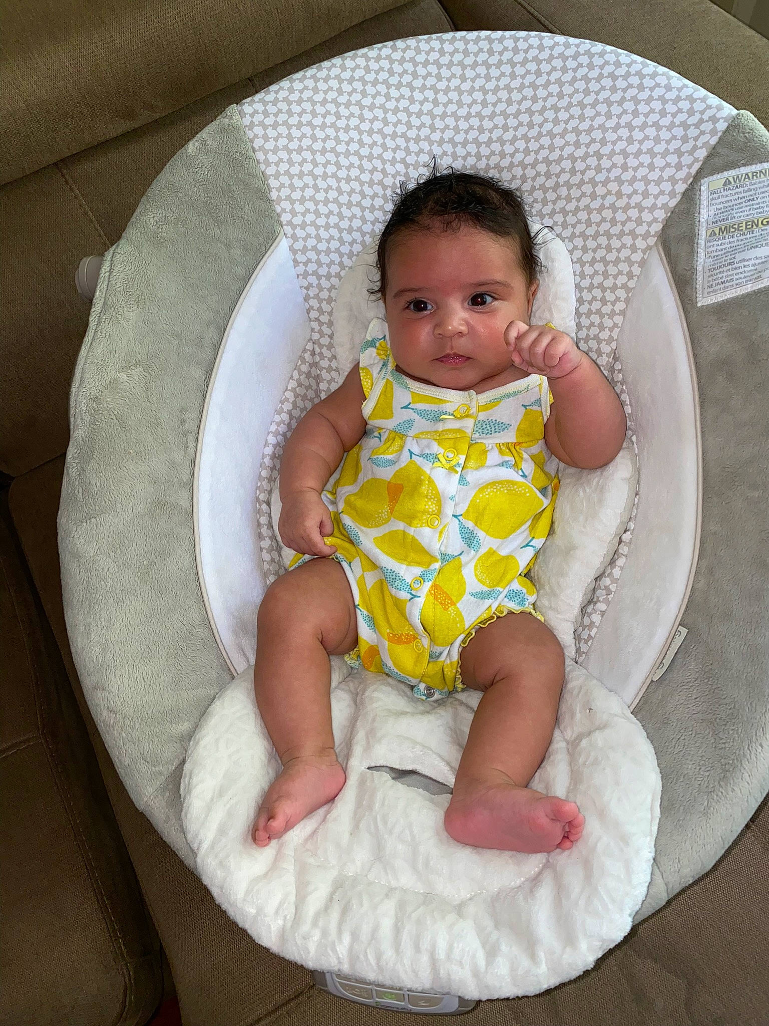 Elena is registered to the contest to win money with this photo: arm, baby, baby_products, baby_safety, baby_toddler_clothing, bib, chair, child, circle, comfort, head, lap, leg, linens, pattern, person, sitting, sleeve, textile, thigh