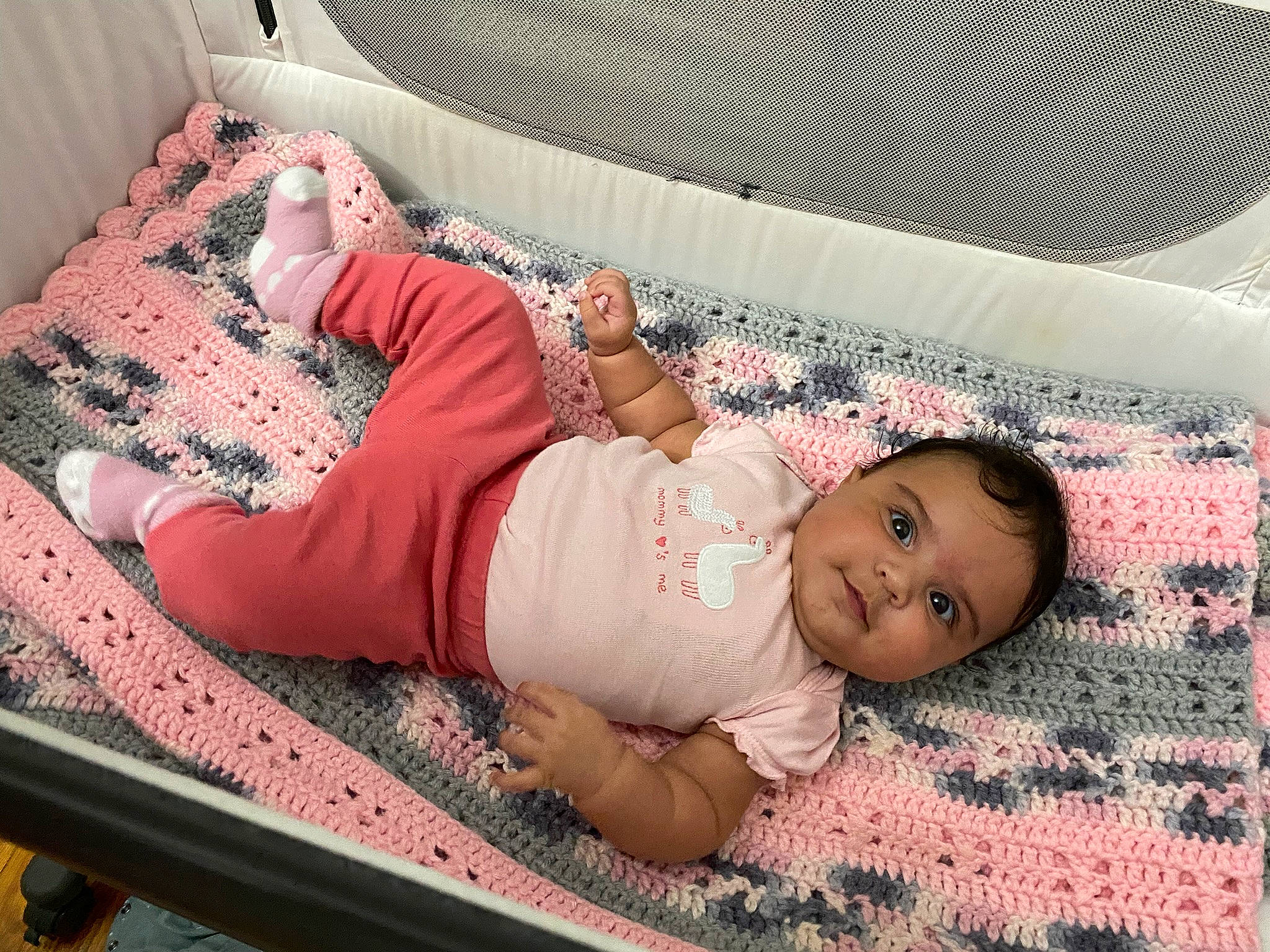 Elena joined the competition — help win amazing prizes! baby, baby_safety, baby_sleeping, baby_toddler_clothing, beauty, bed, bedding, child, comfort, flooring, human_body, leg, leisure, linens, magenta, pattern, person, pink, product, toddler