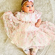 Musfirah is registered to the contest to win money with this photo: baby, barefoot, bow, carpet, cute, dress, expression, floral_pattern, girl, headband, indoor, infant, leggings, lying_down, pink, portrait, ruffles, small_hands, soft_lighting, texture