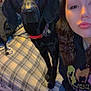 Mowgli joined the competition — help win amazing prizes! dog, person, bed, plaid, indoor, selfie, black_dog, long_ear, collar, pout, casual_clothing, jeans, bedroom, furniture, portrait, animal, companion, pet, young_woman, colorful_background