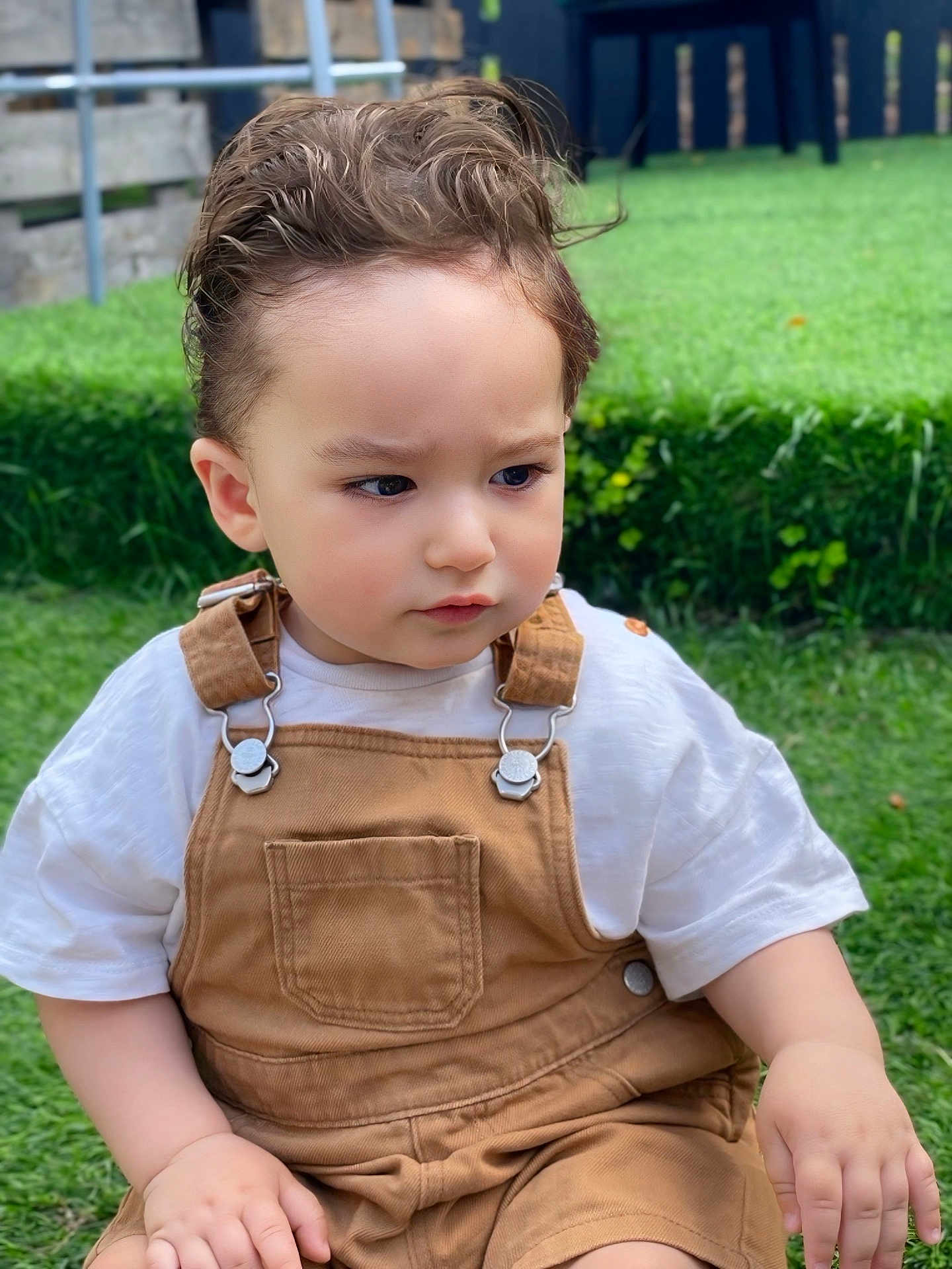 Abel joined the competition — help win amazing prizes! toddler, child, overalls, white_shirt, grass, outdoor, garden, blurred_background, serious_expression, curly_hair, sitting, young_child, casual_clothing, nature, greenery, portrait, hands, daylight, cute, person