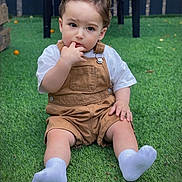 Abel joined the competition — help win amazing prizes! toddler, child, grass, outdoor, overalls, white_socks, cute, baby, sitting, curious, face, hand, fingers, expression, young_child, portrait, casual_clothing, nature, daylight, playtime