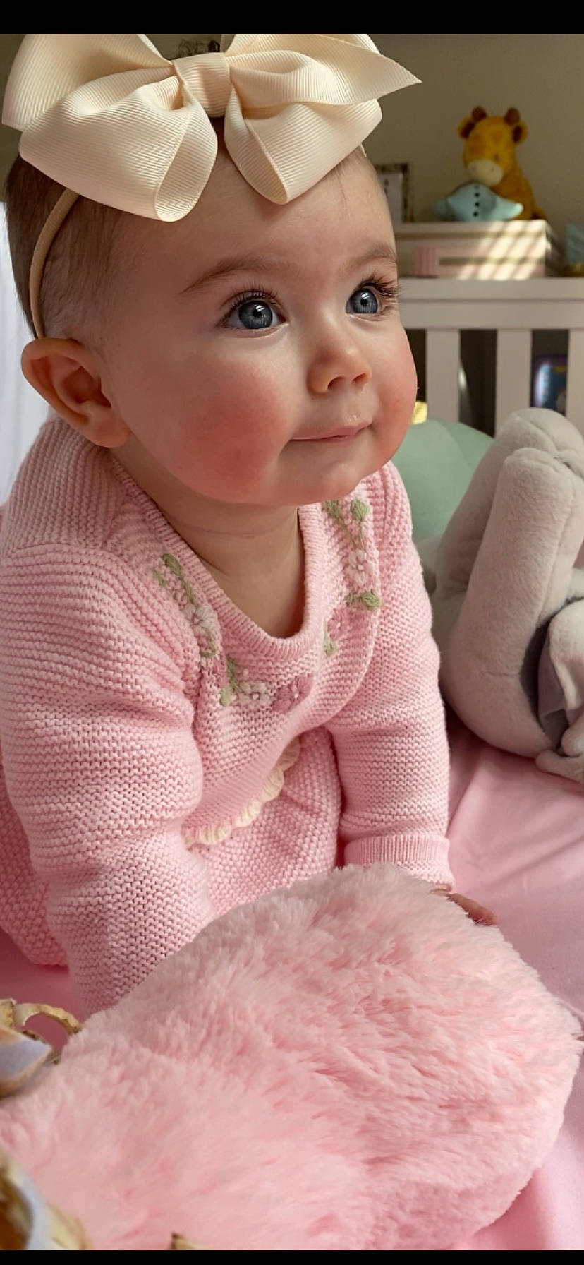 Elisa joined the competition — help win amazing prizes! baby, baby_toddler_clothing, brown_hair, cheek, child, eye, face, head, headwear, linens, lip, nose, outerwear, person, pink, skin, smile, textile, toddler