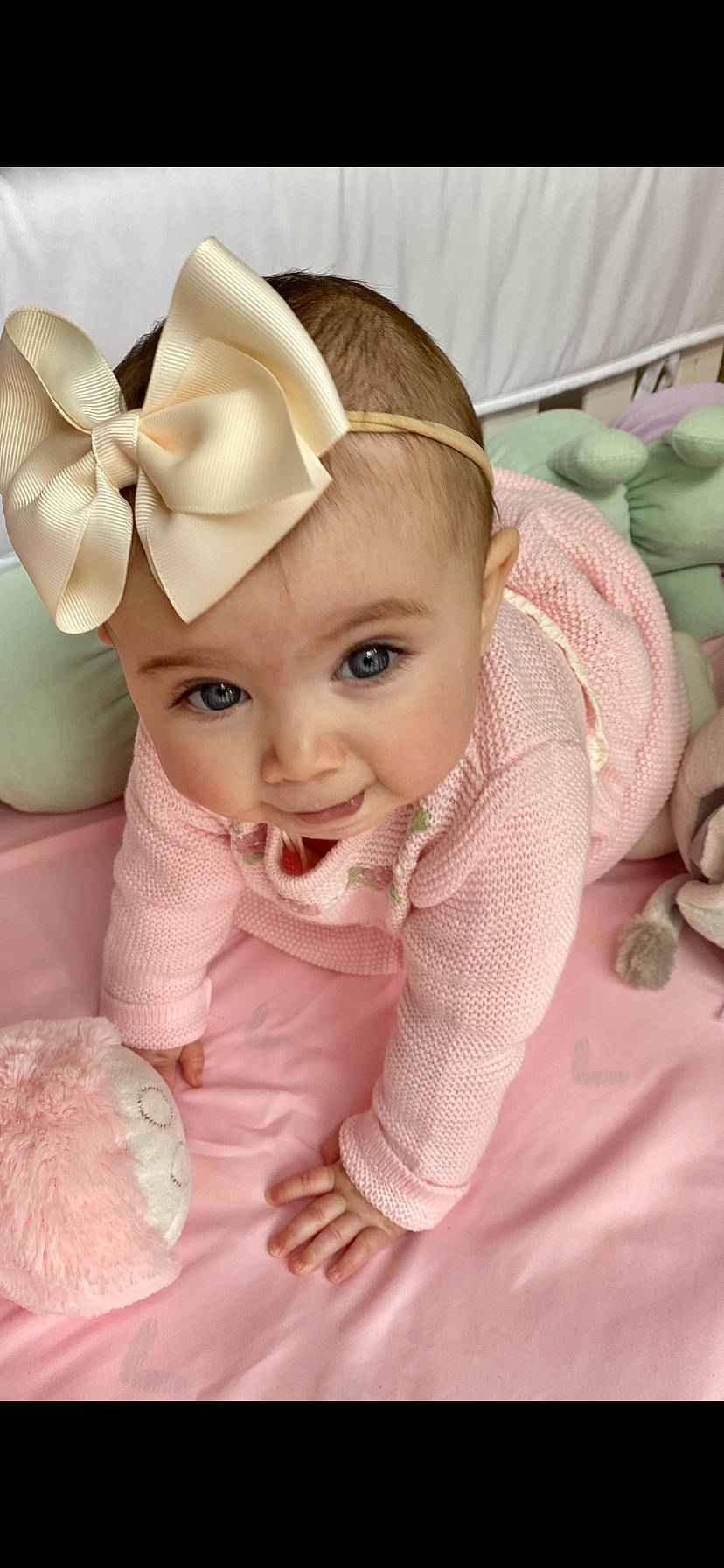 Elisa joined the competition — help win amazing prizes! baby, cheek, child, ear, fashion_accessory, hair_accessory, headband, headgear, person, pink, smile, toddler