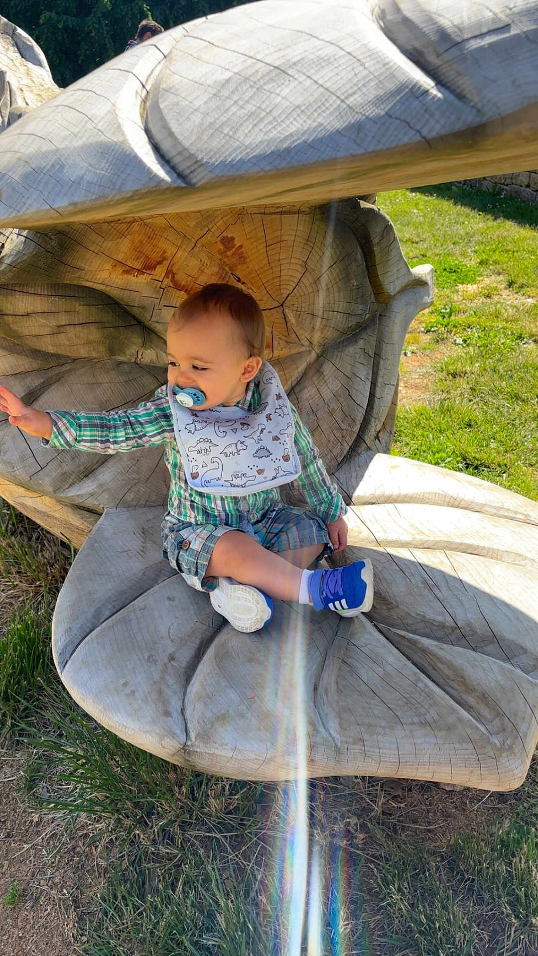Michel a rejoint le concours — aidez-le/la à gagner de superbes lots ! toddler, child, pacifier, bib, plaid_shirt, plaid_shorts, blue_shoes, wooden_sculpture, flower_shape, outdoor, grass, sunlight, lens_flare, reaching_hand, nature, daylight, smiling, cute, sitting, playful