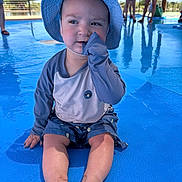Milo is registered to the contest to win money with this photo: toddler, child, baby, sitting, blue, hat, swimwear, water, pool, outdoor, sunny, chewing, clothing, people, reflection, legs, barefoot, playing, summer, daytime