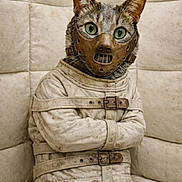 Bowie is registered to the contest to win money with this photo: animal, belt, buckle, cat, distressed, ears, fabric, feline, fur, green_eyes, leather_mask, mask, muzzle, padded_room, padded_wall, portrait, sitting, staring, straitjacket, vintage