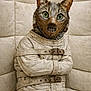 animal, belt, buckle, cat, distressed, ears, fabric, feline, fur, green_eyes, leather_mask, mask, muzzle, padded_room, padded_wall, portrait, sitting, staring, straitjacket, vintage
