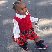 Nearri joined the competition — help win amazing prizes! black_hair, child, cute, daylight, fashion, hair_ponytails, happy, outdoor, pavement, person, plaid_skirt, red_sweater, smiling, sneakers, sunglasses, sunlight, toddler, walking, white_shirt, young_child