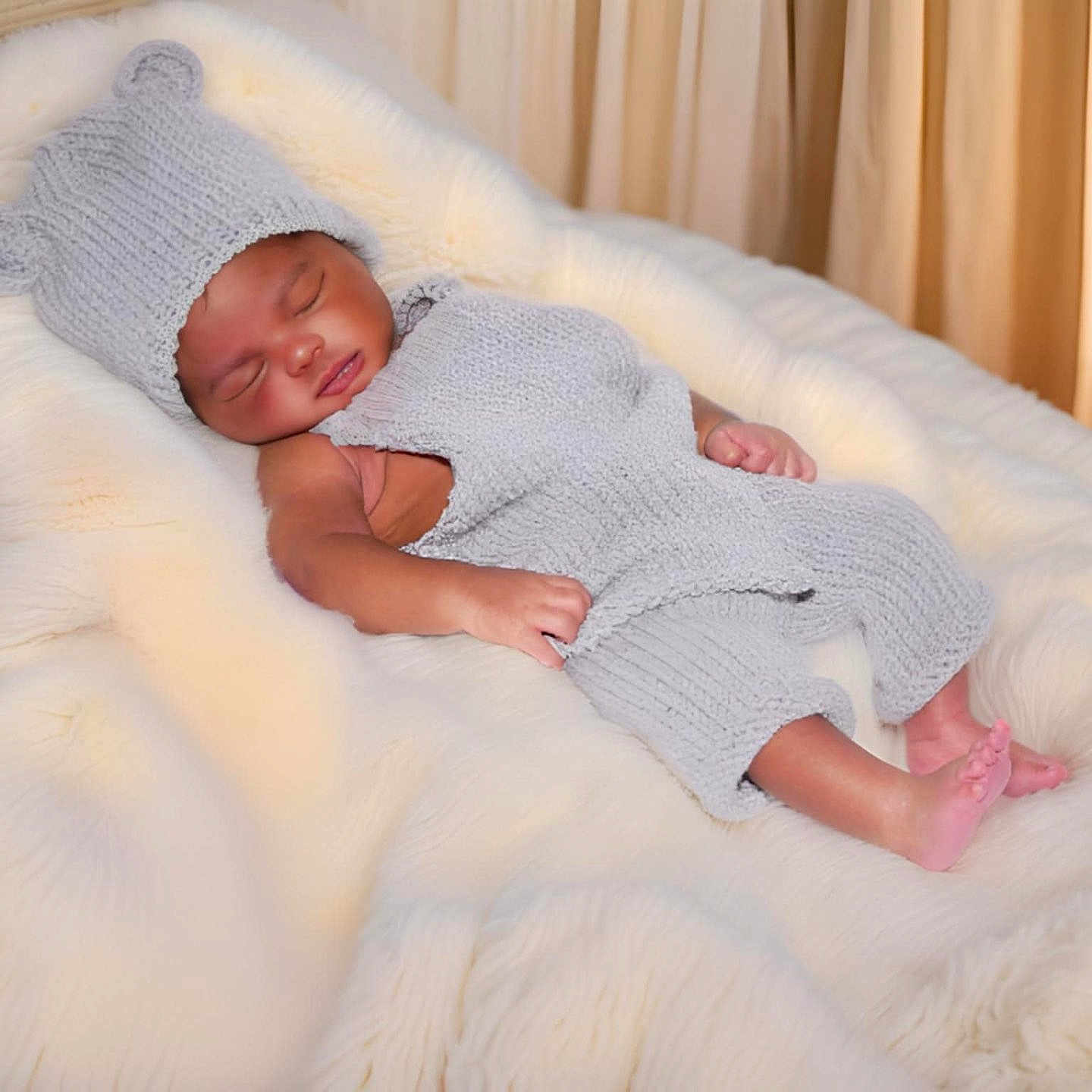Jersze is registered to the contest to win money with this photo: adorable, baby, blanket, child, cozy, cute, furry_surface, gray_clothing, indoors, infant, knit_hat, knit_outfit, newborn, peaceful, portrait, resting, sleeping, small_feet, soft_texture, white_blanket