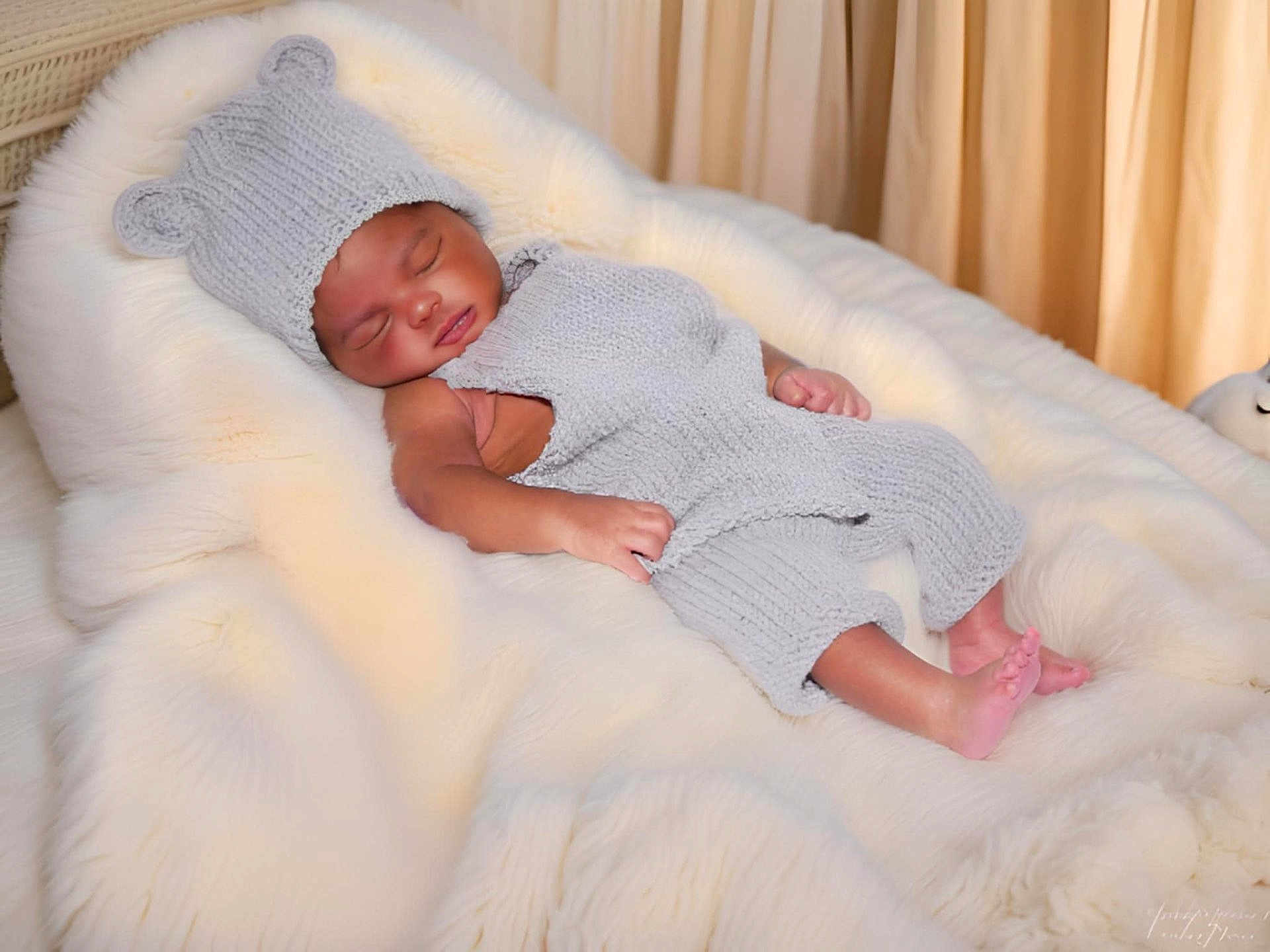 Jersze is registered to the contest to win money with this photo: baby, sleeping, knit_hat, knit_outfit, gray_clothing, infant, cozy, blanket, white_blanket, soft_texture, cute, peaceful, resting, newborn, child, indoors, portrait, small_feet, adorable, furry_surface