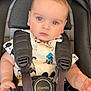 Matteo is registered to the contest to win money with this photo: baby, infant, car_seat, blue_eyes, straps, clothing, cartoon_print, person, child, seatbelt, cute, portrait, hands, face, sitting, young, indoors, serious_expression, close_up, child_seat