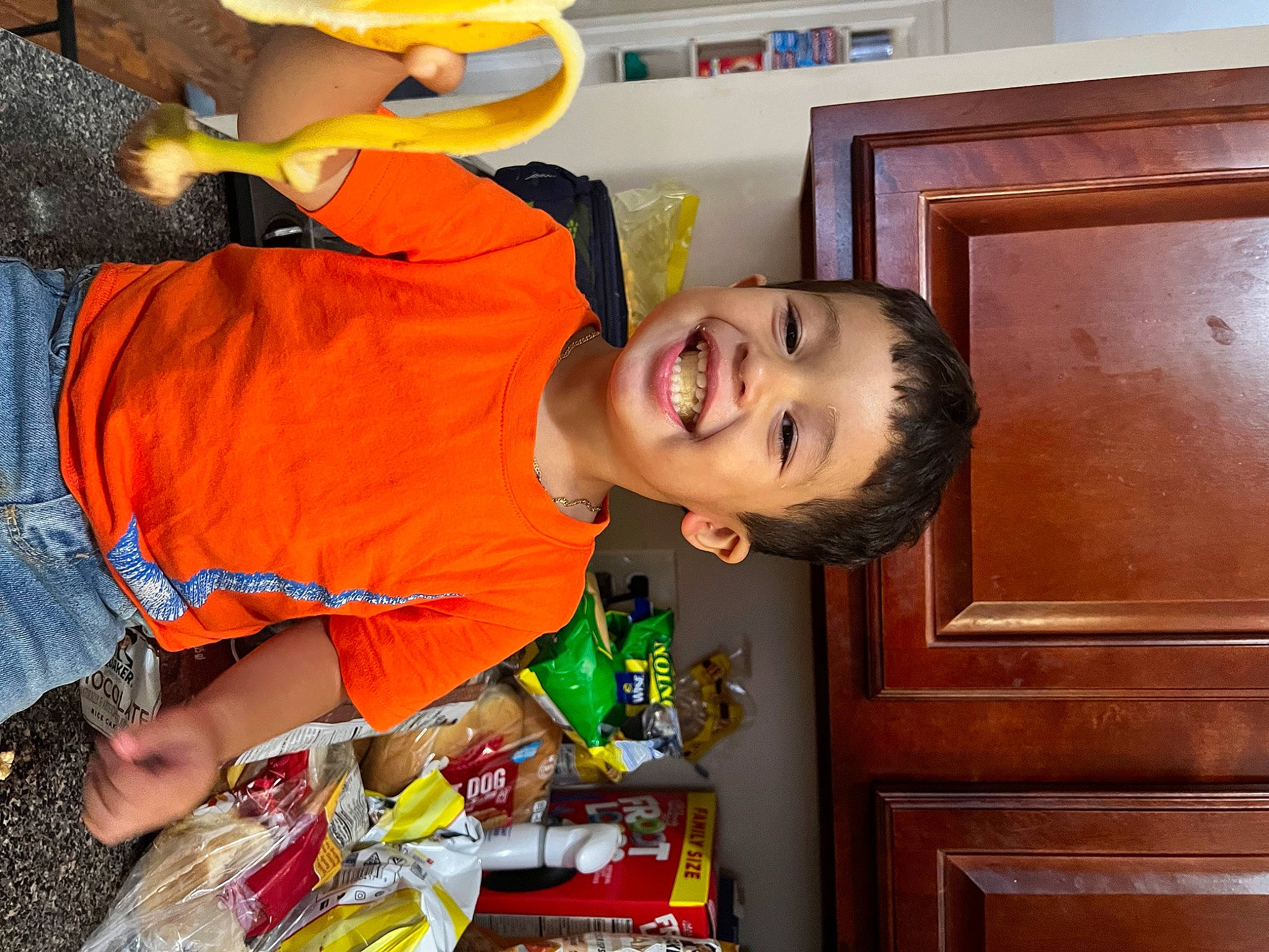 Aidan joined the competition — help win amazing prizes! child, door, fun, happy, joy, orange, person, plastic, play, room, smile, t_shirt, toddler, wood, yellow