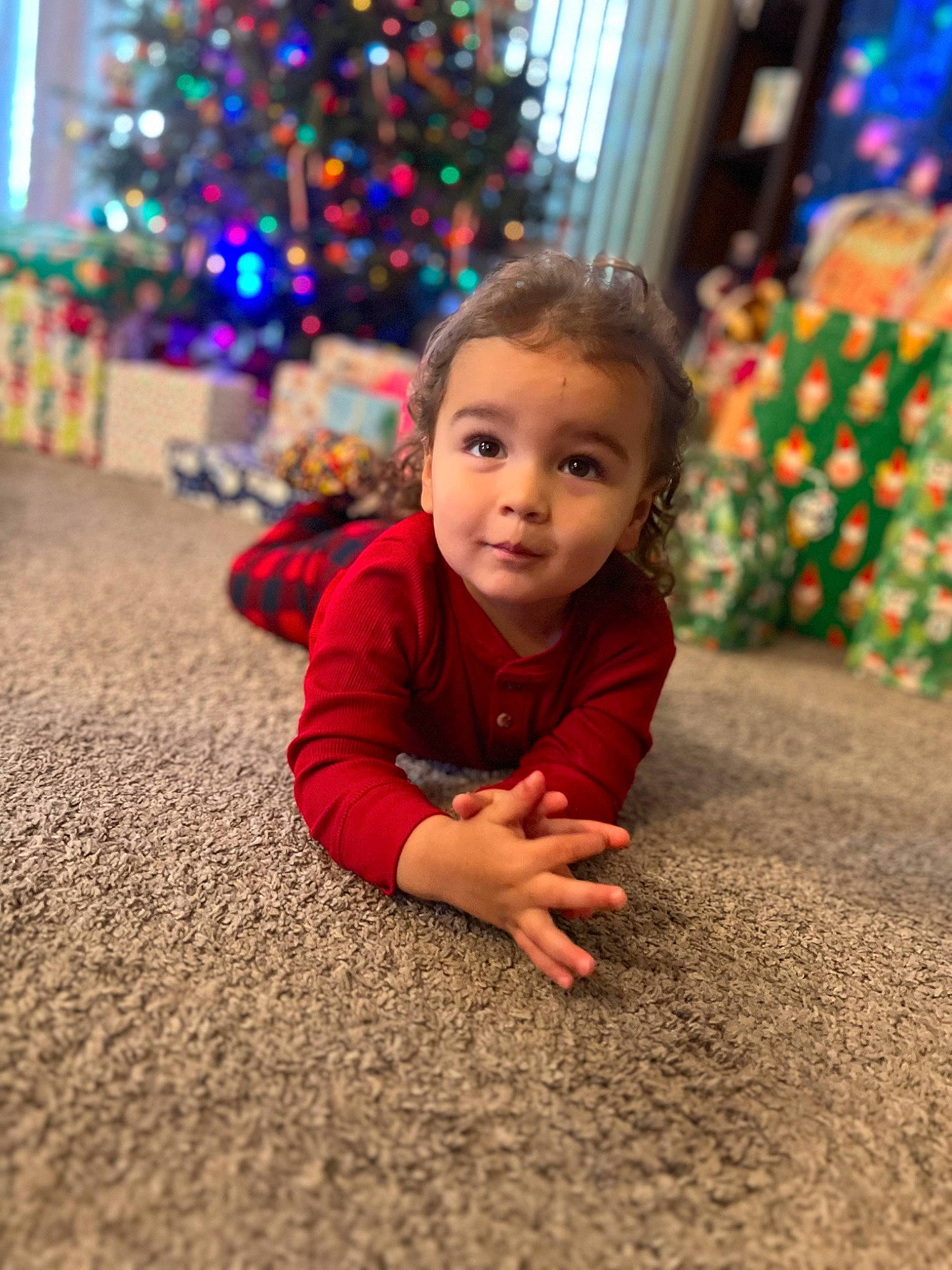 Julian joined the competition — help win amazing prizes! baby, child, christmas_decoration, christmas_ornament, christmas_tree, event, flooring, fun, grass, happy, head, leaf, light, lighting, people_in_nature, person, plant, smile, toddler, tree