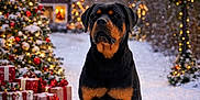 Mötley joined the competition — help win amazing prizes! rottweiler, dog, snow, christmas_tree, christmas_decorations, presents, lamp_post, wreath, red_bow, snowfall, winter, holiday, festive, outdoor, animal, pet, nature, lighting, night, celebration