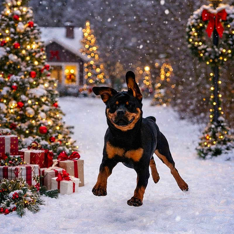 Mötley joined the competition — help win amazing prizes! celebration, christmas_lights, christmas_tree, dog, festive, holiday, joyful, lamp_post, nature, ornaments, outdoor, playful, presents, puppy, red_bow, rottweiler, snow, snowfall, winter, wreath