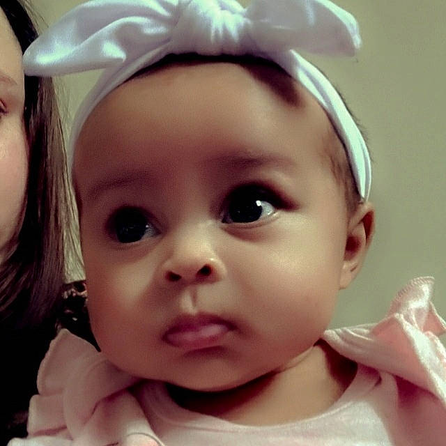 Brooklyn is registered to the contest to win money with this photo: baby, cheek, chin, ear, eye, eyebrow, eyelash, face, forehead, gesture, hair, happy, iris, jaw, lip, mouth, nose, person, pink, skin