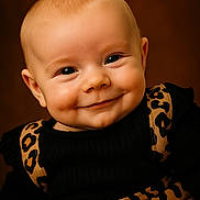 Line is registered to the contest to win money with this photo: baby, background, black_top, cheeks, child, clothing, cute, eyes, face, happy, head, infant, leopard_print, person, portrait, skin, smile, studio, warm_colors, young