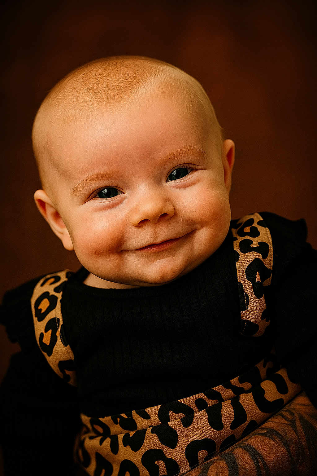 Line is registered to the contest to win money with this photo: baby, background, black_top, cheeks, child, clothing, cute, eyes, face, happy, head, infant, leopard_print, person, portrait, skin, smile, studio, warm_colors, young