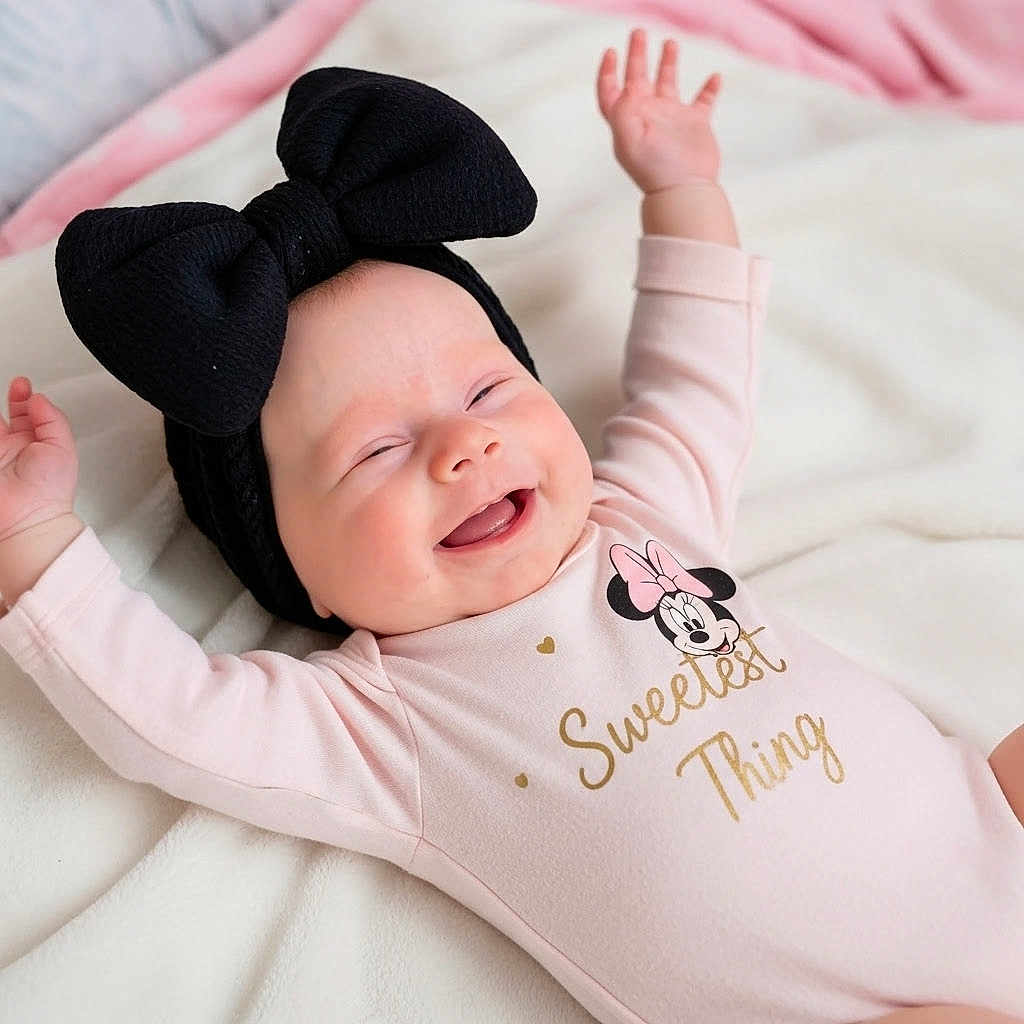 Line joined the competition — help win amazing prizes! adorable, baby, baby_clothes, blanket, bow, cheerful, child, closeup, cute, happy, headband, indoor, infant, lying_down, minnie_mouse, pink_onesie, portrait, smiling, soft_texture, text_on_clothing