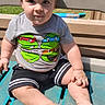 Aaron is registered to the contest to win money with this photo: toddler, child, playground, slide, outdoor, sunlight, portrait, sitting, face, smiling, brown_hair, t_shirt, cartoon, ninja_turtles, shorts, barefoot, play_structure, backyard, summer, family_photo
